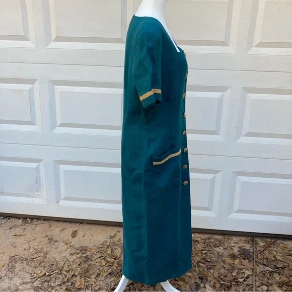 Liz Claiborne Vintage Linen Maxi Dress Womens 10 Green 90s Button Front Pockets - Picture 8 of 16